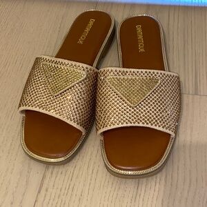 Gold Crystal-Embellished Slide Sandals